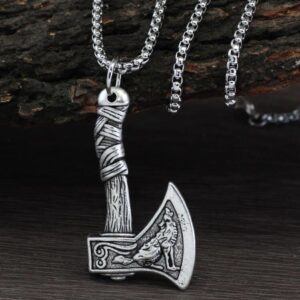 Viking Økse Halskæde med Ulv & Fugl