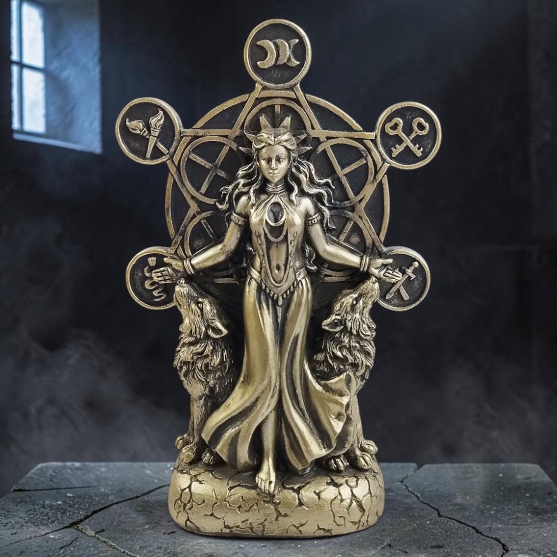 Hekate Gudinde Figur med Hunde & Pentagram